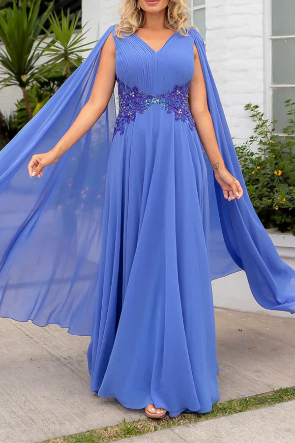 A-line V-neck Chiffon Pleated Beads Elegant Large Size Mother of the bride dress
