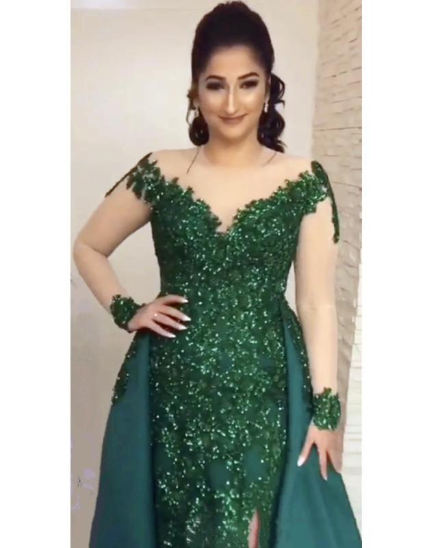 Sheer Long Sleeves Leg Slit Satin Mermaid Evening Dresses Lace Appliques