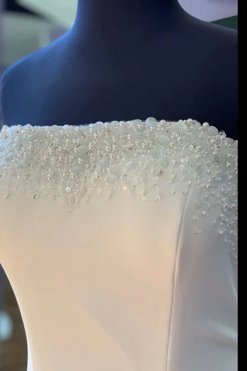 Aimishang White Beaded Satin Strapless Mermaid Long Wedding Dress