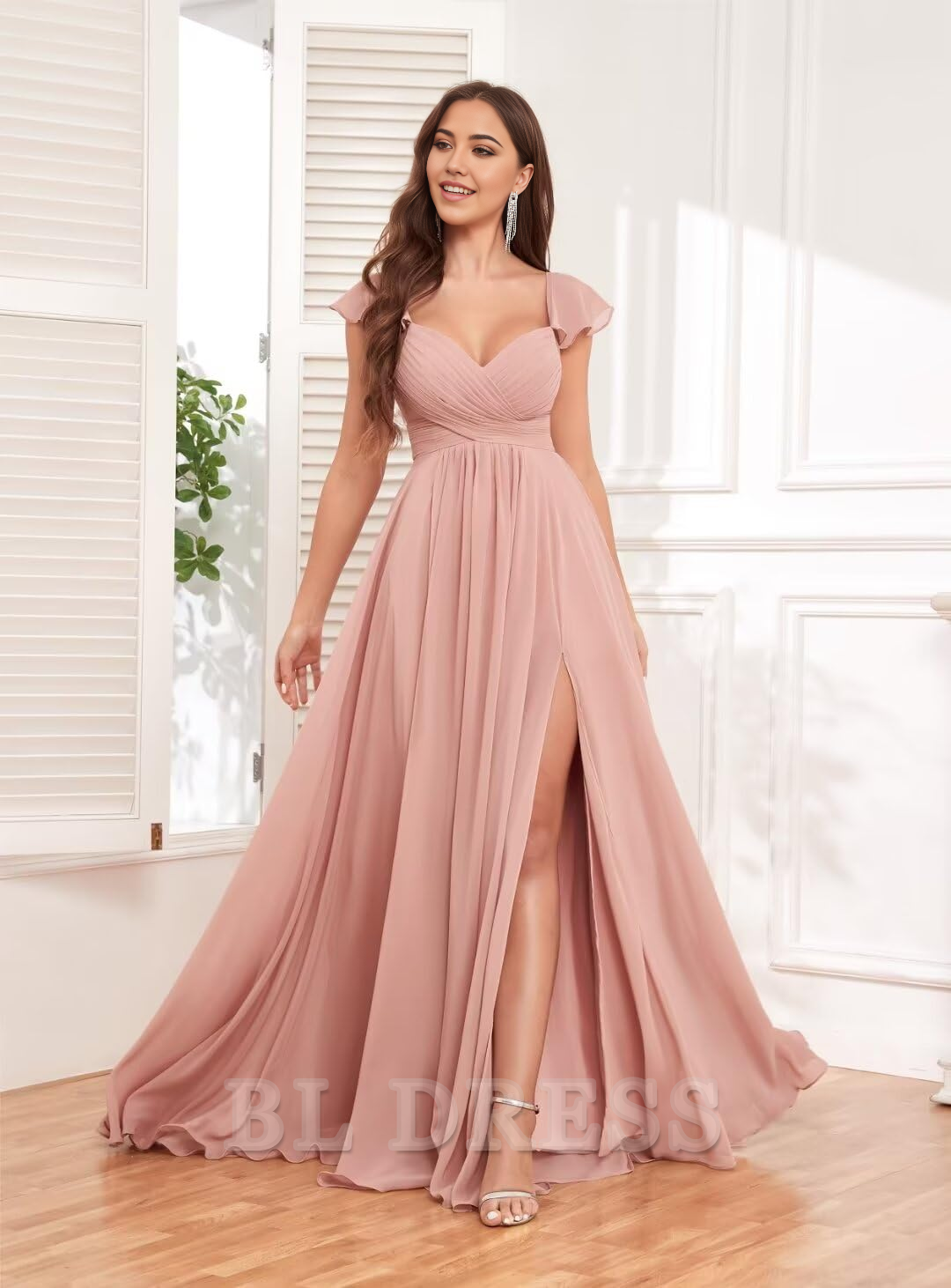 A-line Ruffle Backless Chiffon Pleated formal dresses Bridesmaid Dresses evening gown Prom Dress with Pockets Slit