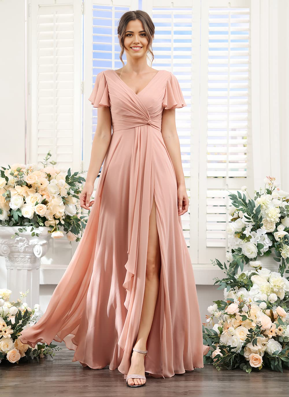 A-line V Neck Chiffon Long formal dresses Bridesmaid Dresses evening gown Prom Dress with Sleeves