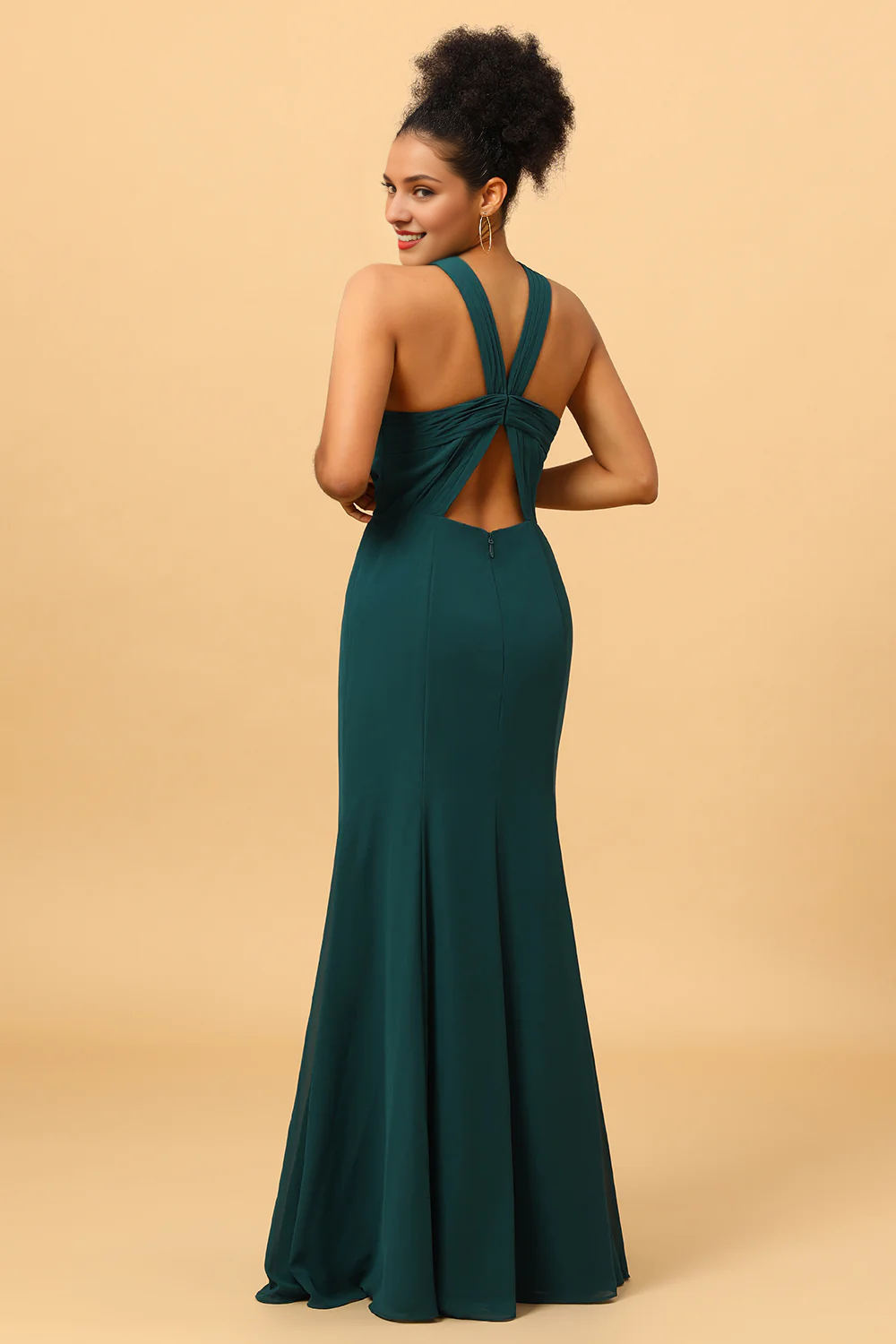 Pine mermaid hanging neck long chiffon slit bridesmaid dress