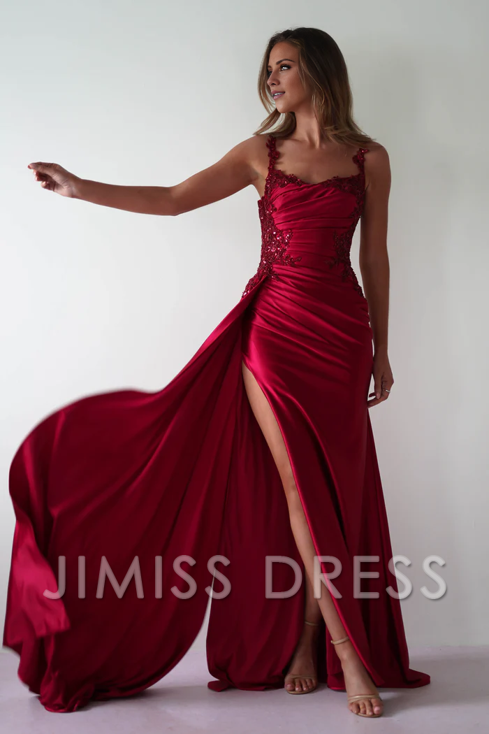 Jimiss Thin shoulder strap waistband fits snugly satin evening gowns