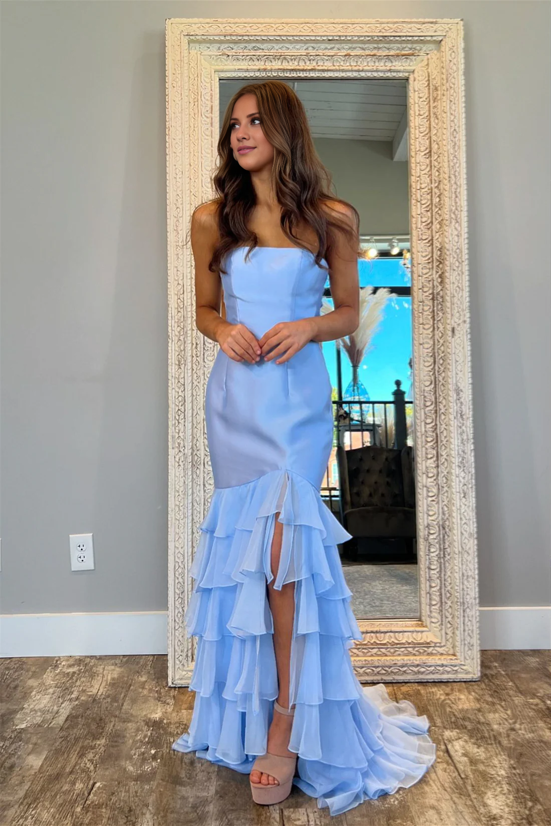 Jimiss off shoulder blue layered slit mermaid long dress