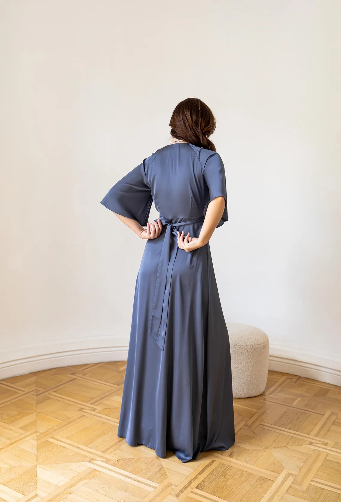 Jimiss deep V-neck short sleeved satin slit and floor length Prom dress