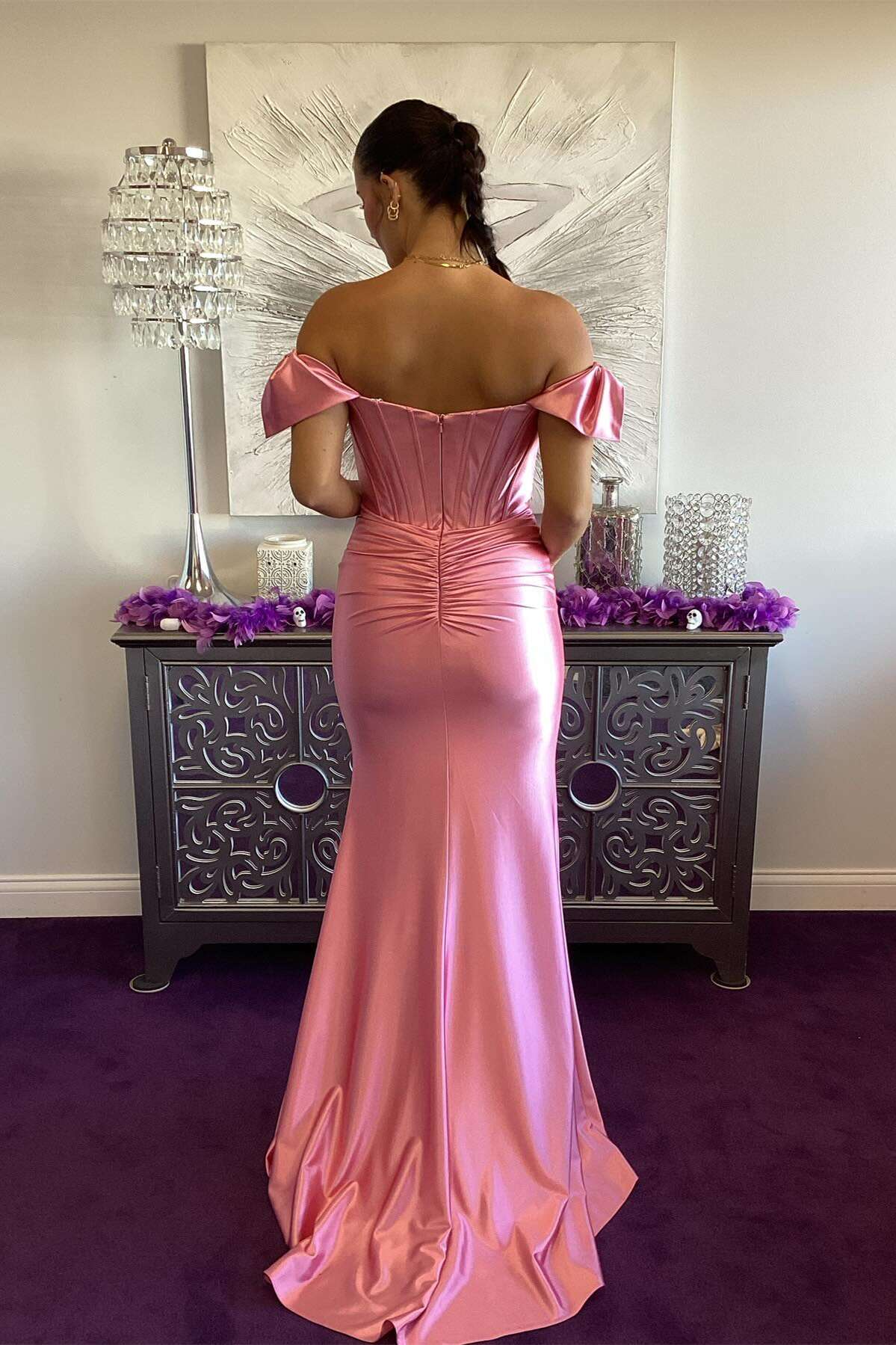 Jimiss off shoulder pink slit fish tail Prom dress