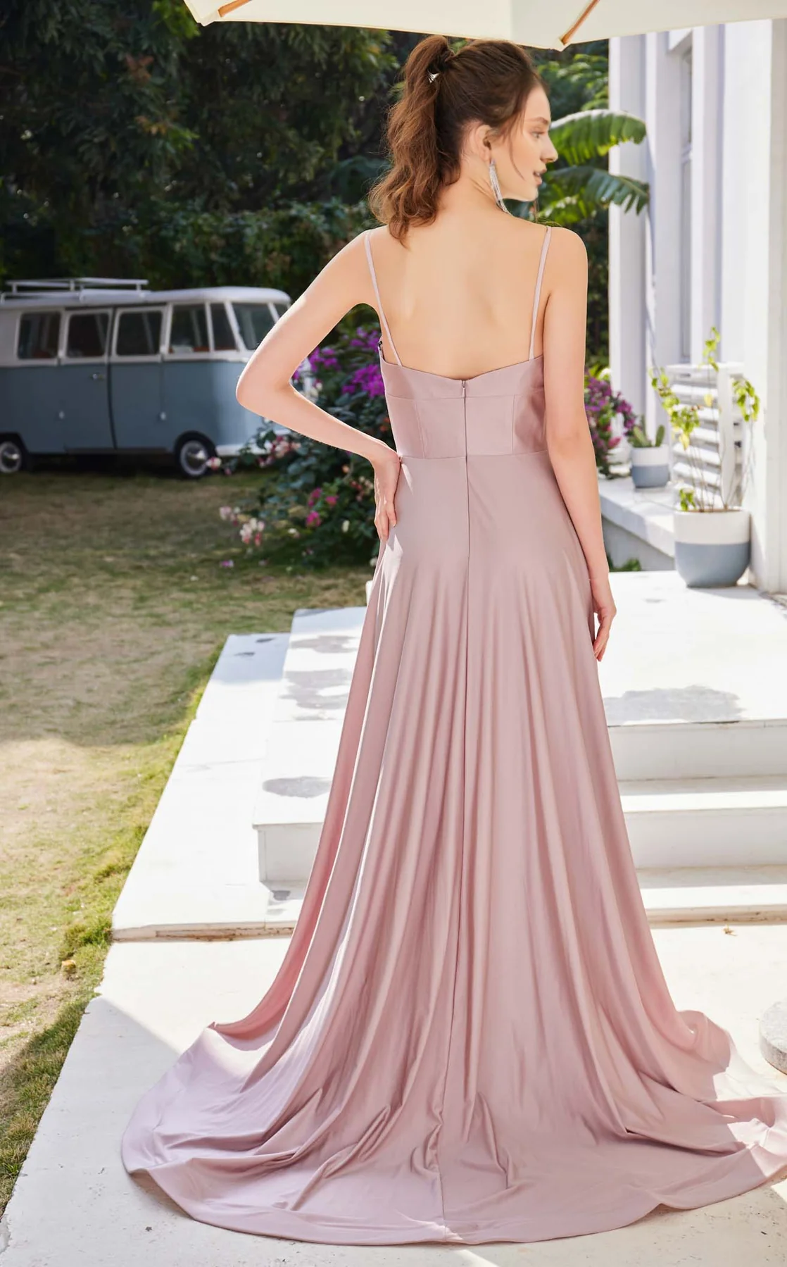 A-line low round neck satin fitted body and floor length evening dress