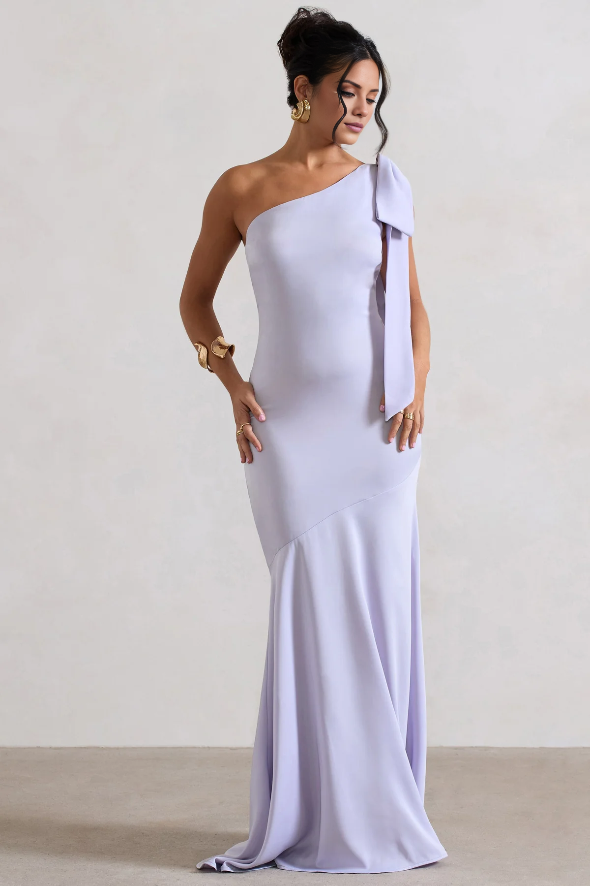 Asymmetric collar bow shoulder strap satin and floor length evening dress - Jimiss Dress