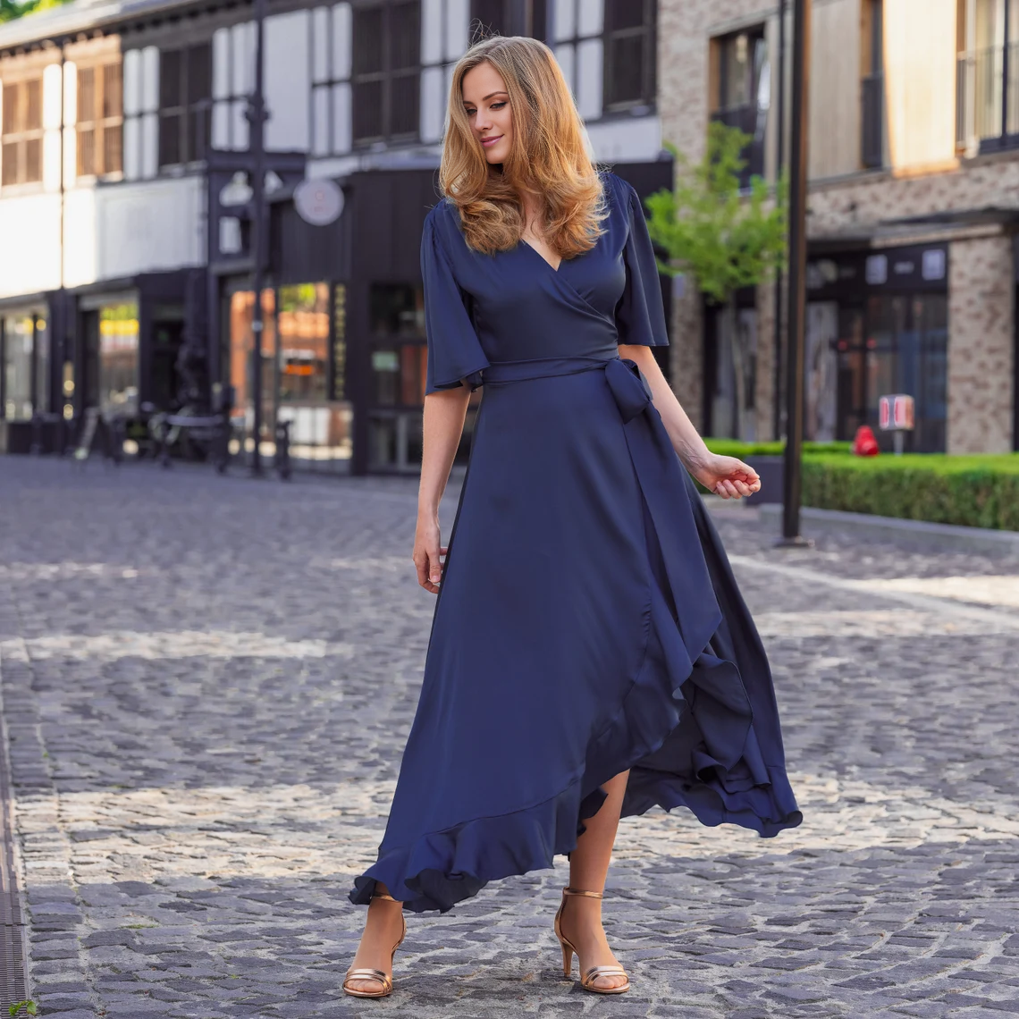 Jimiss short sleeved V-neck asymmetrical skirt with side slit long evening dress