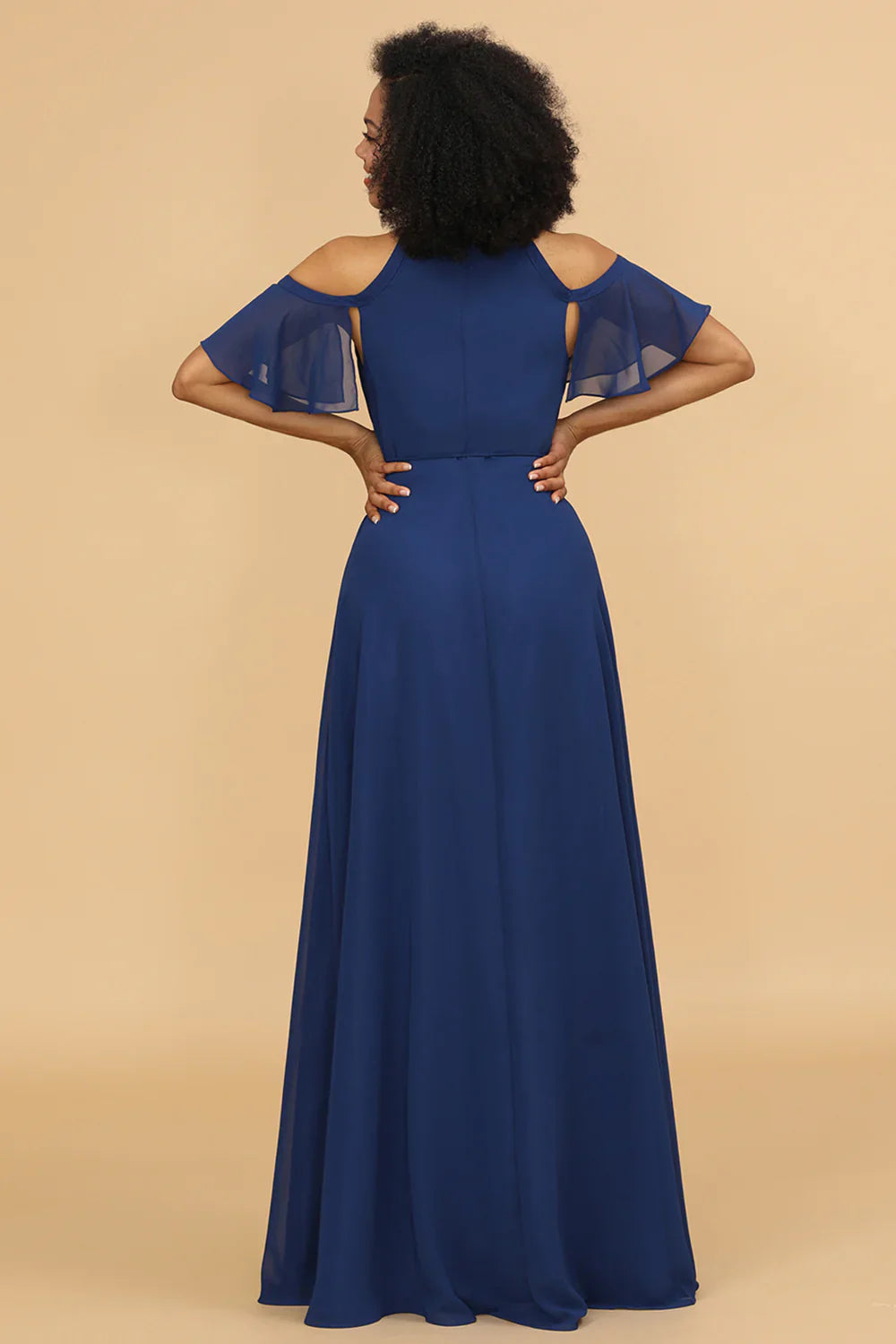 Navy blue split A-line shoulder chiffon bridesmaid dress