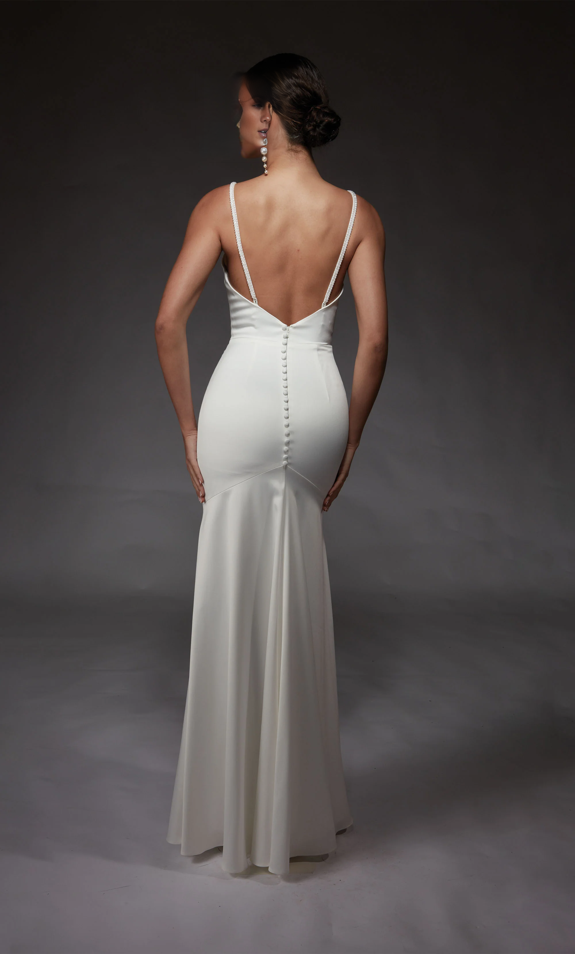 Perfect satin V-neck straight tube backless satin button wedding dress