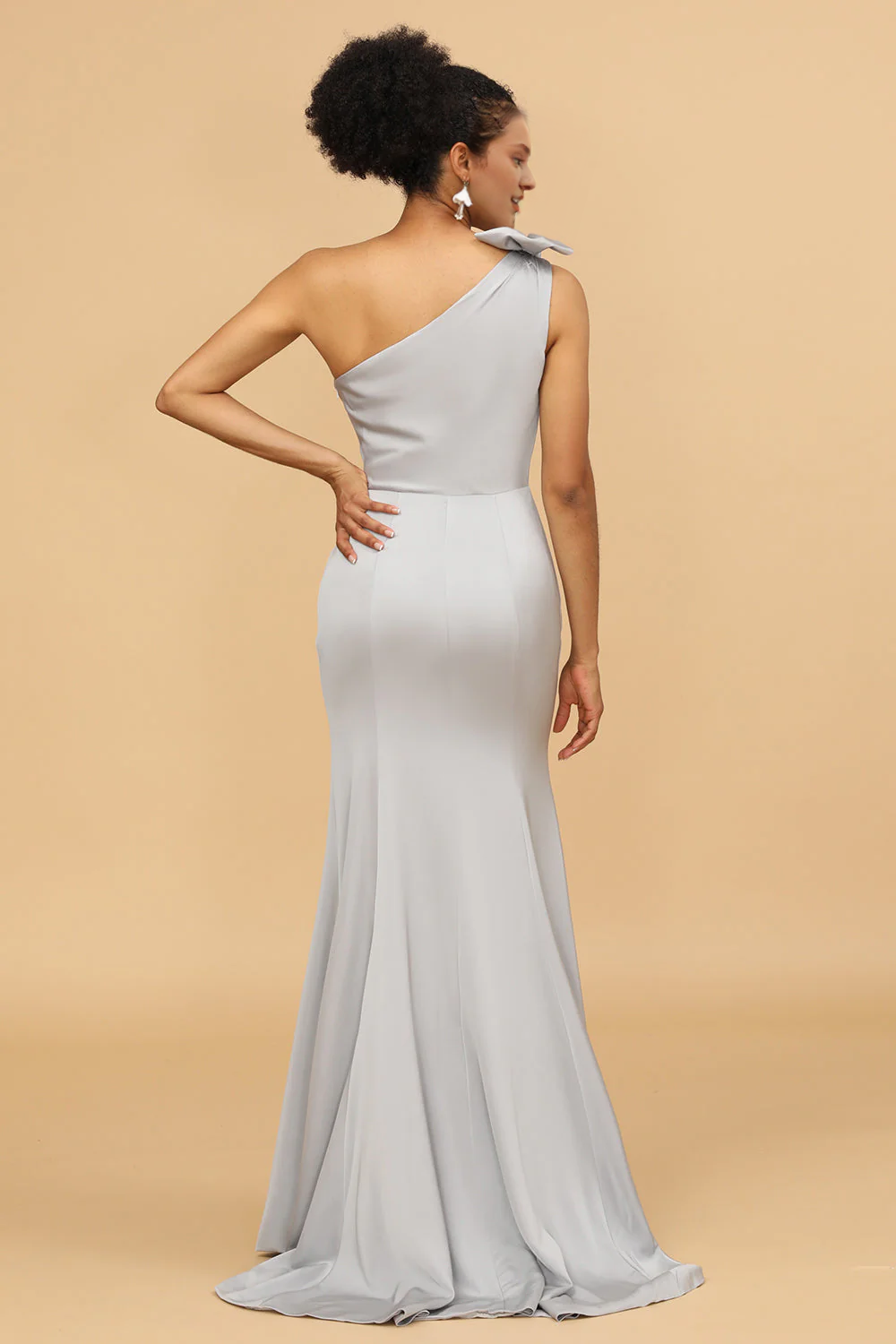 Grey fishtail bow one shoulder satin bridesmaid dress