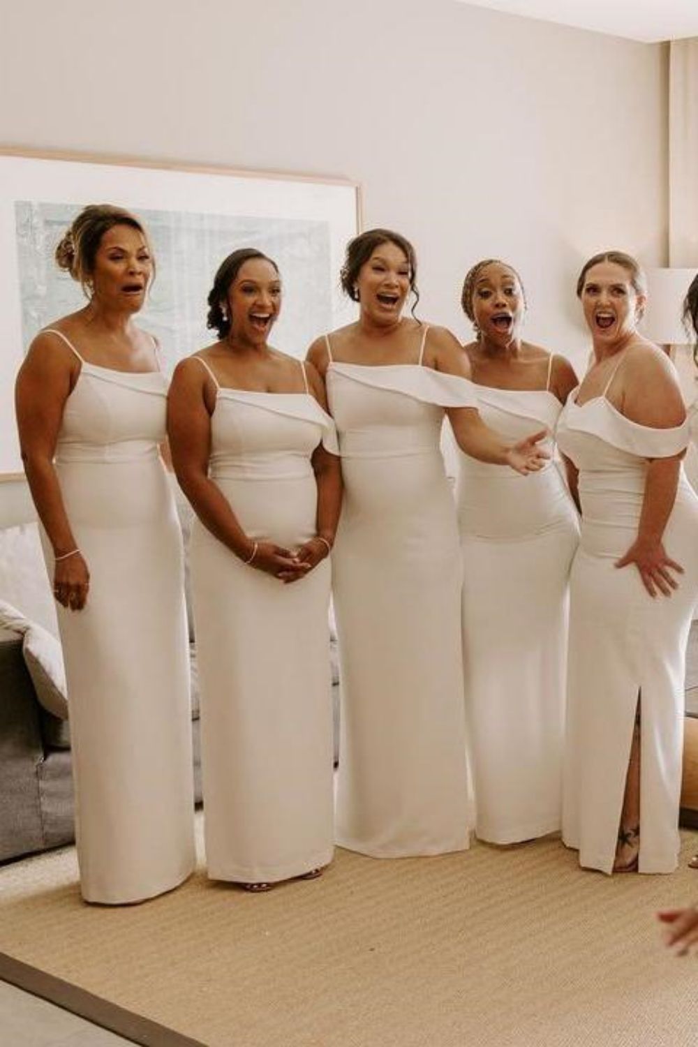 Weitese Classic Sheath Spaghetti Straps White Long Bridesmaid Dress with Split Front