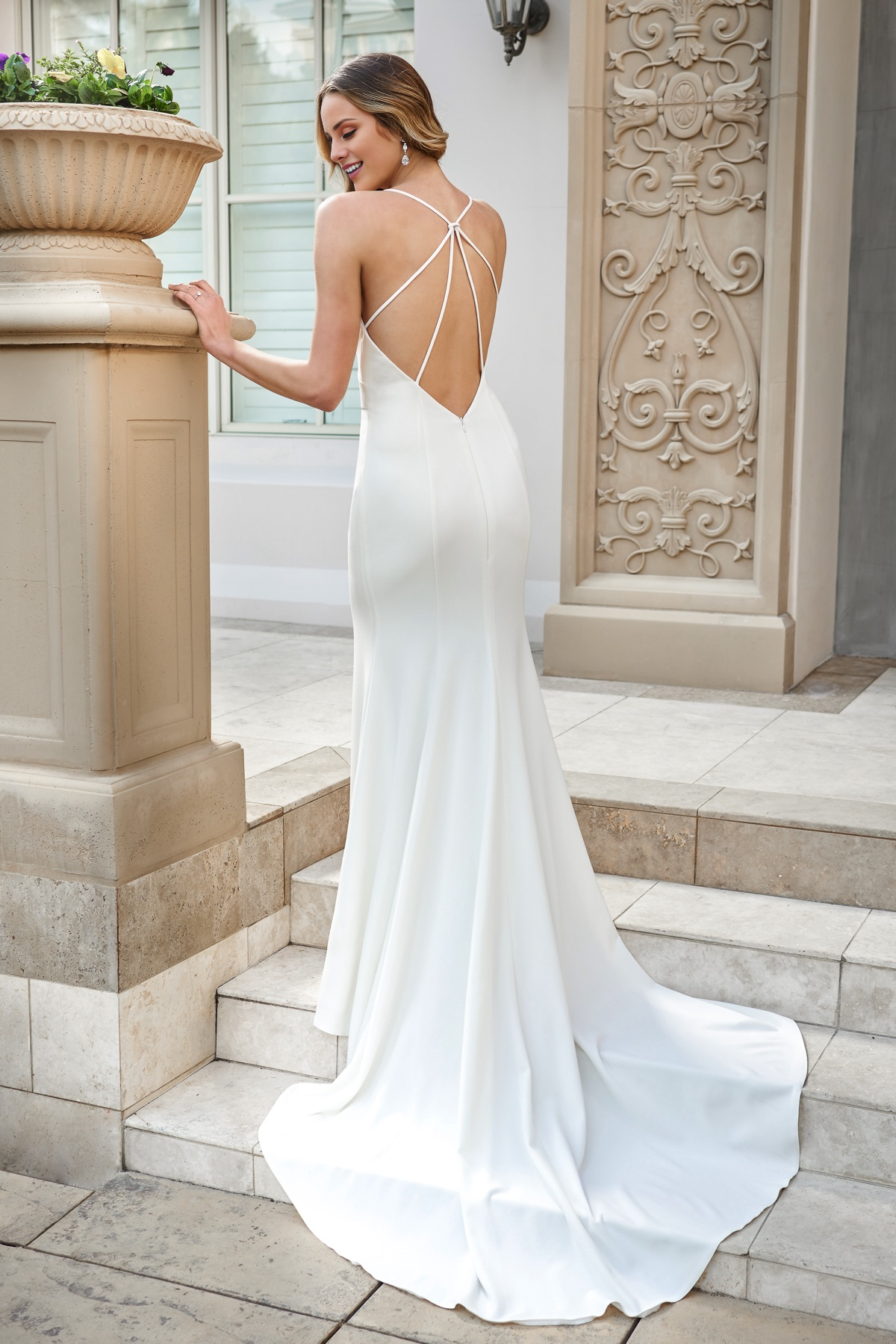 Deep V-neck crepe slim fit horn and floor length wedding dress