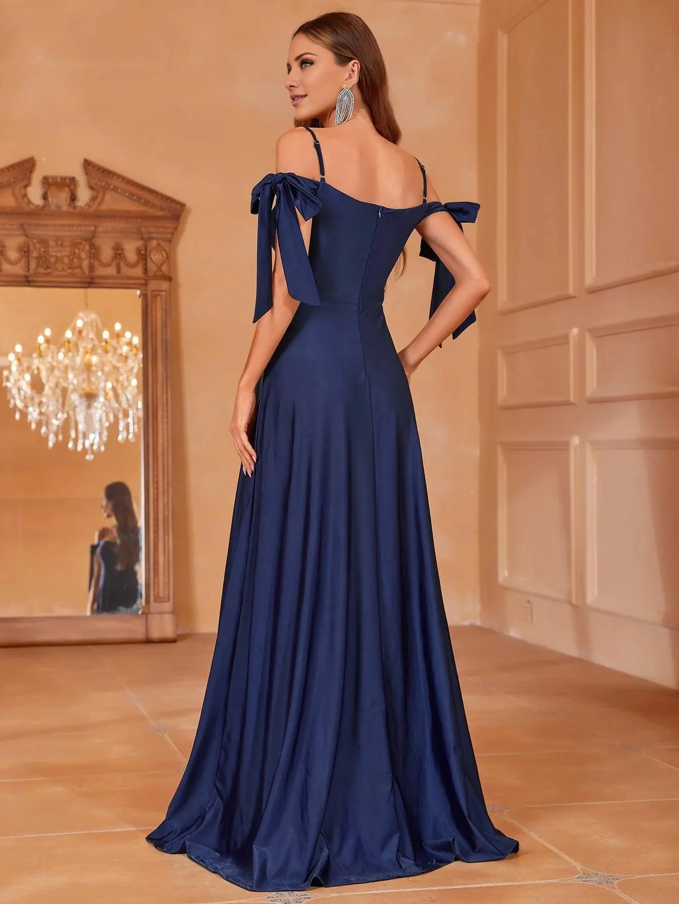 Off shoulder thin shoulder strap side slit and floor length formal dress