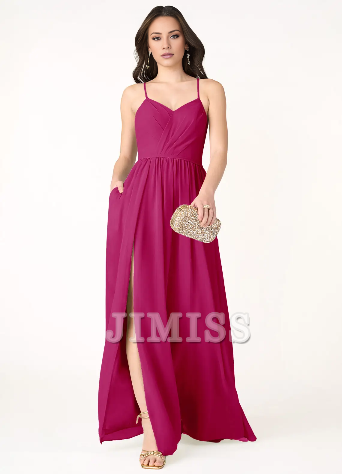 A-line V-neck slim shoulder strap backless and floor length evening dress