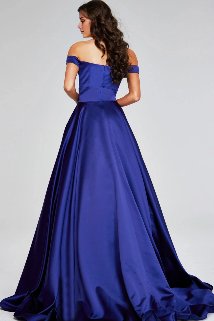 A-line off shoulder satin and floor length evening gown