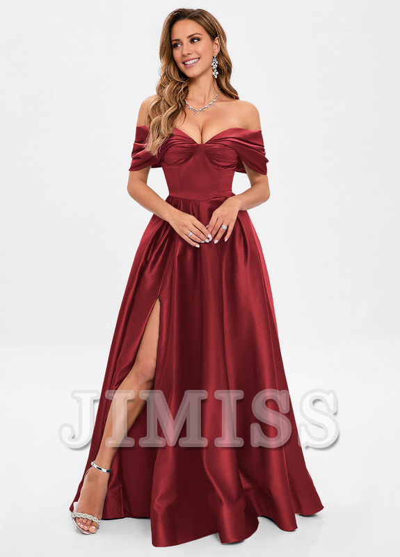 A-line pleated off-the-shoulder floor-length satin prom dress