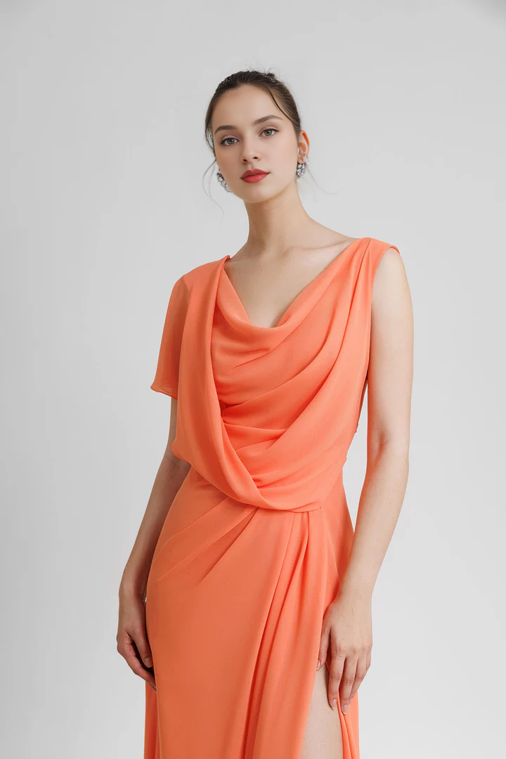 Asymmetric sleeve drape and floor length gown evening dresses