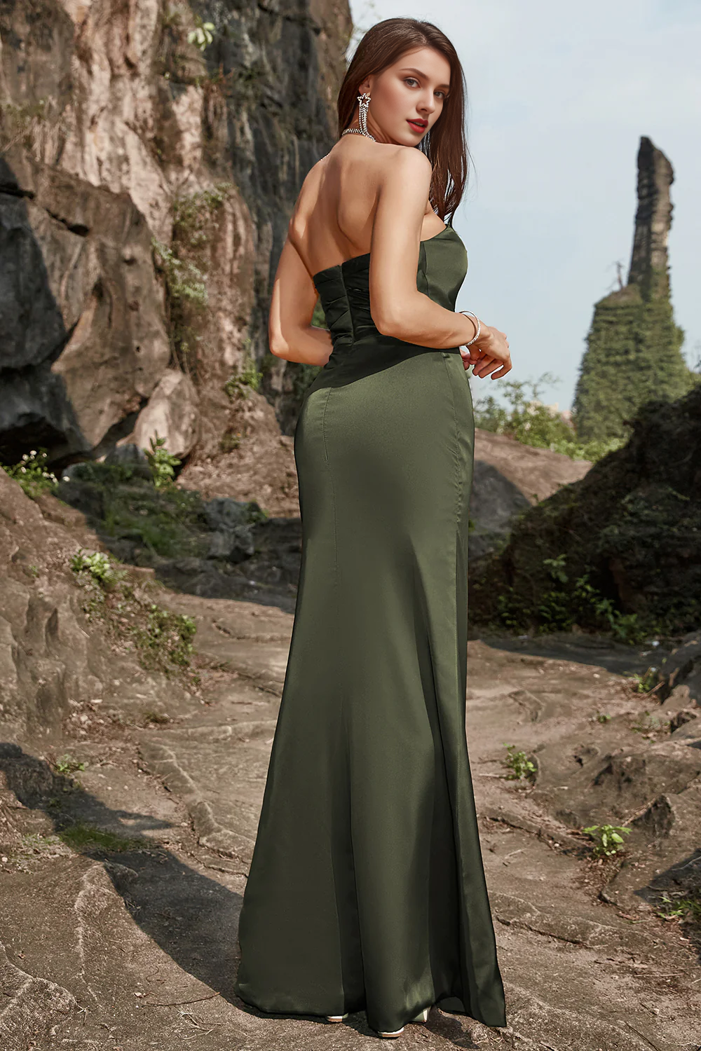 Olive colored front slit strapless long wedding party dress