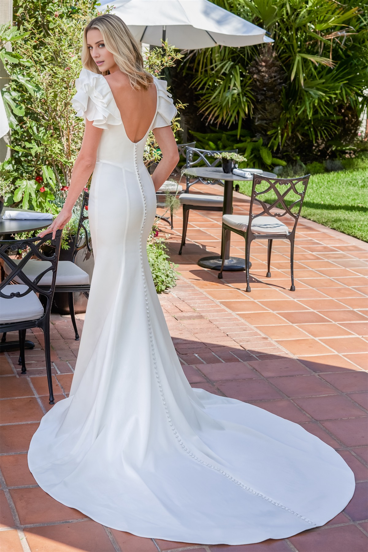 Satin V-neck ruffled sleeves backless and floor length wedding dress