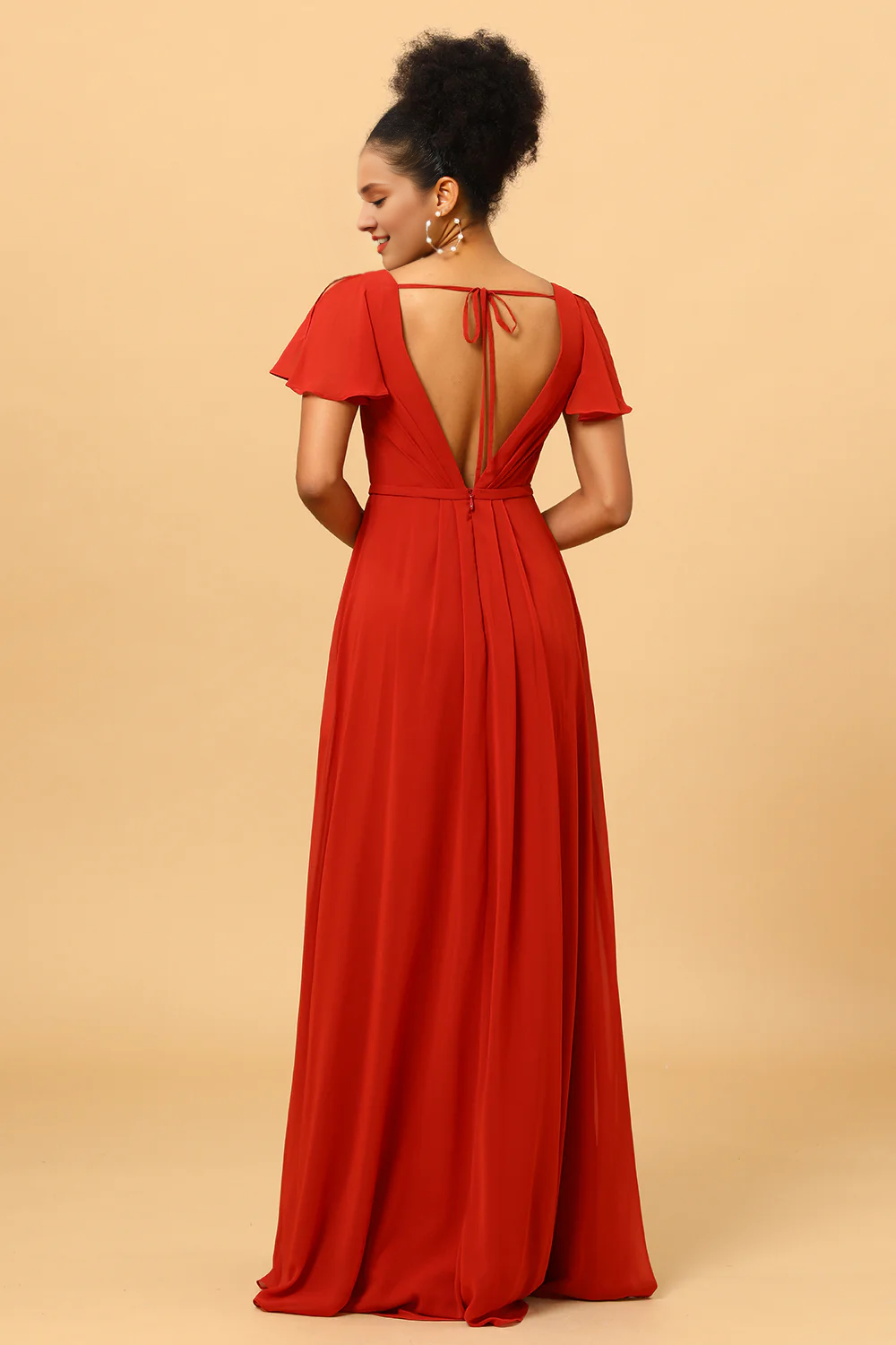 Rusty red A-line slit and floor length bridesmaid dress