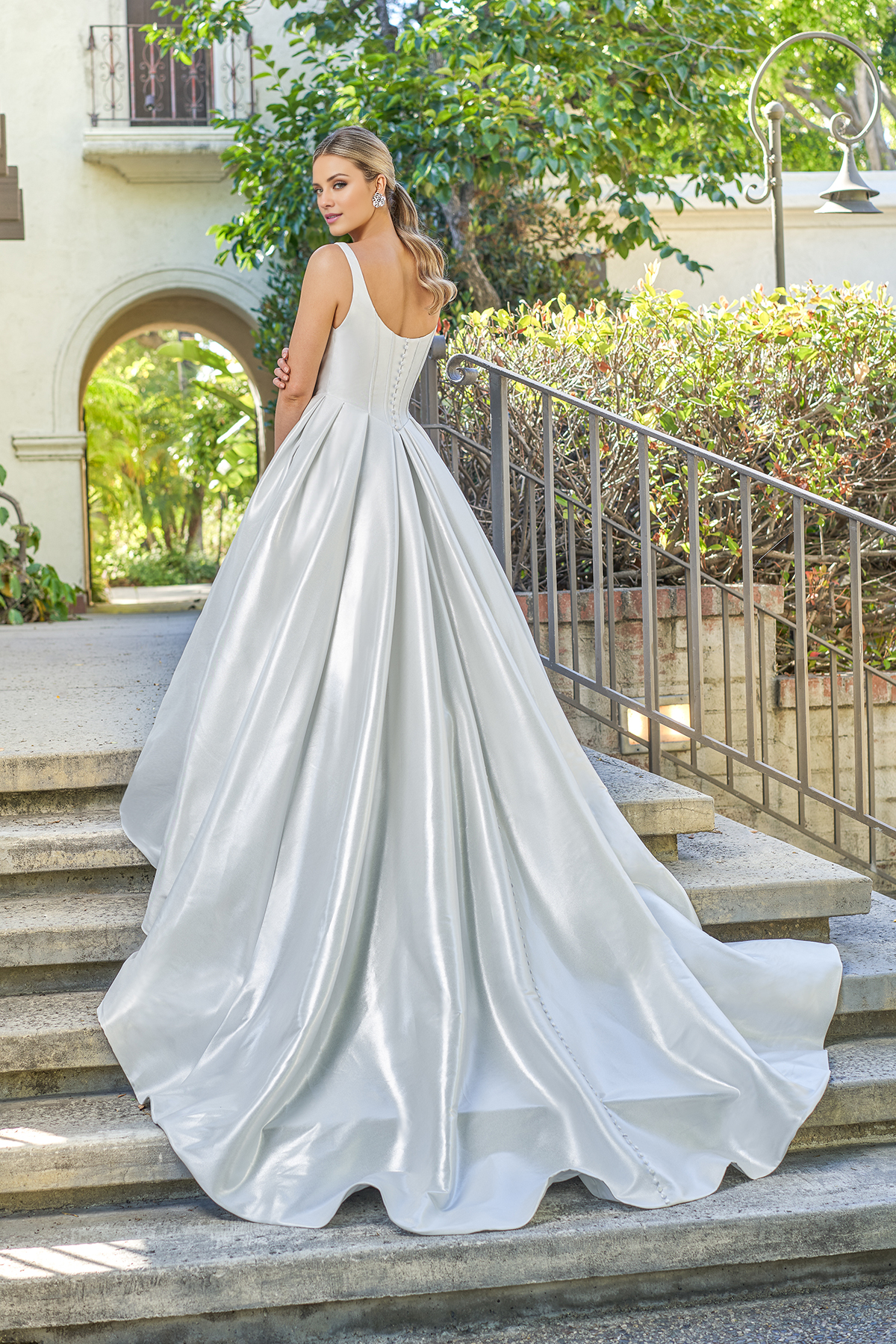 A-line satin square neck tight corset and floor length wedding dress