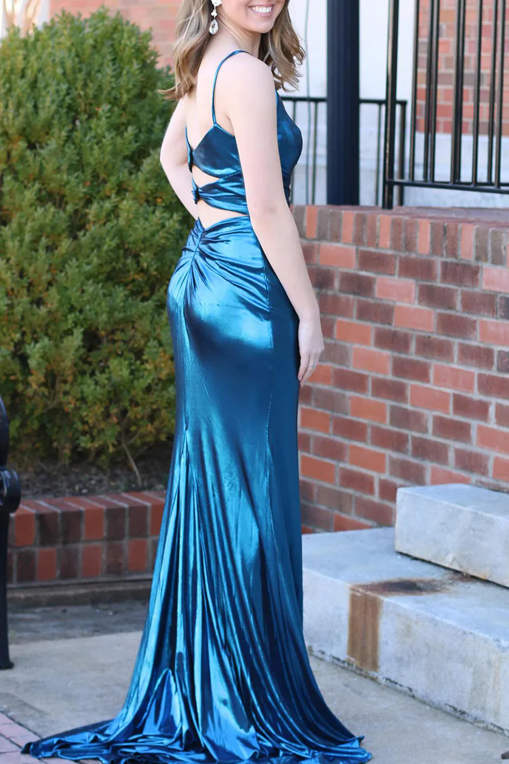 Jimiss deep blue mermaid lock hole shaped back long satin slit Prom dress