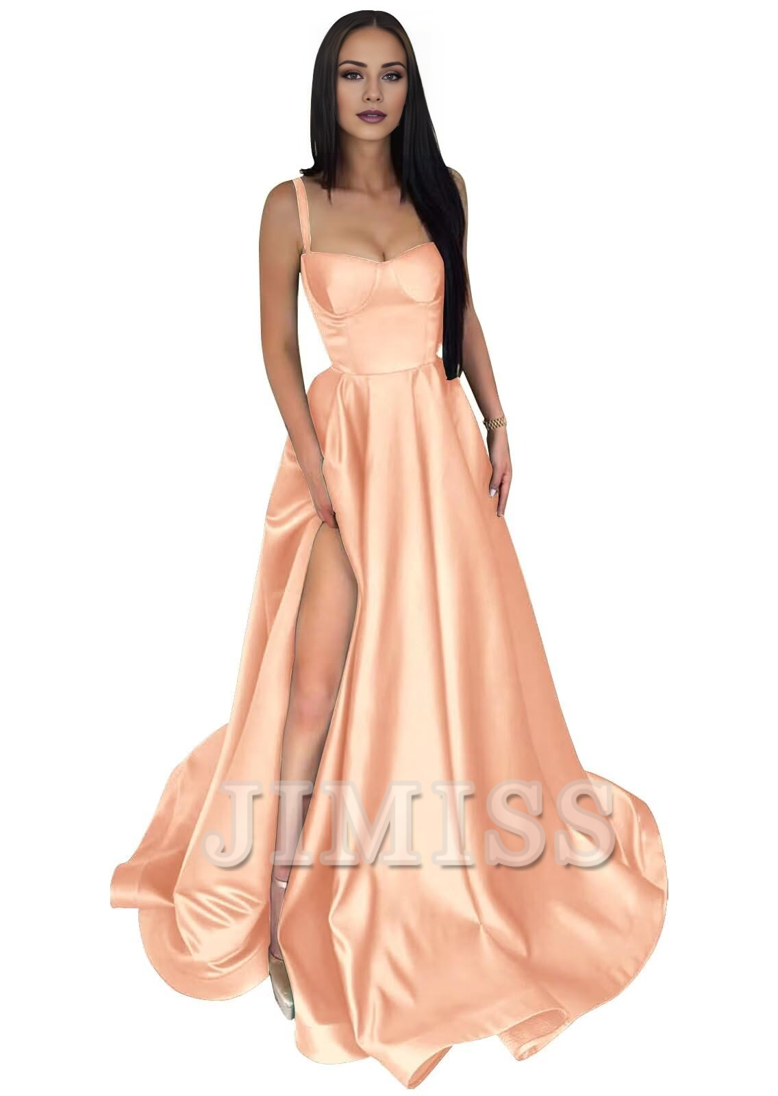 Thin shoulder strap satin ball gown with long A-line slit and pleated formal party evening gown
