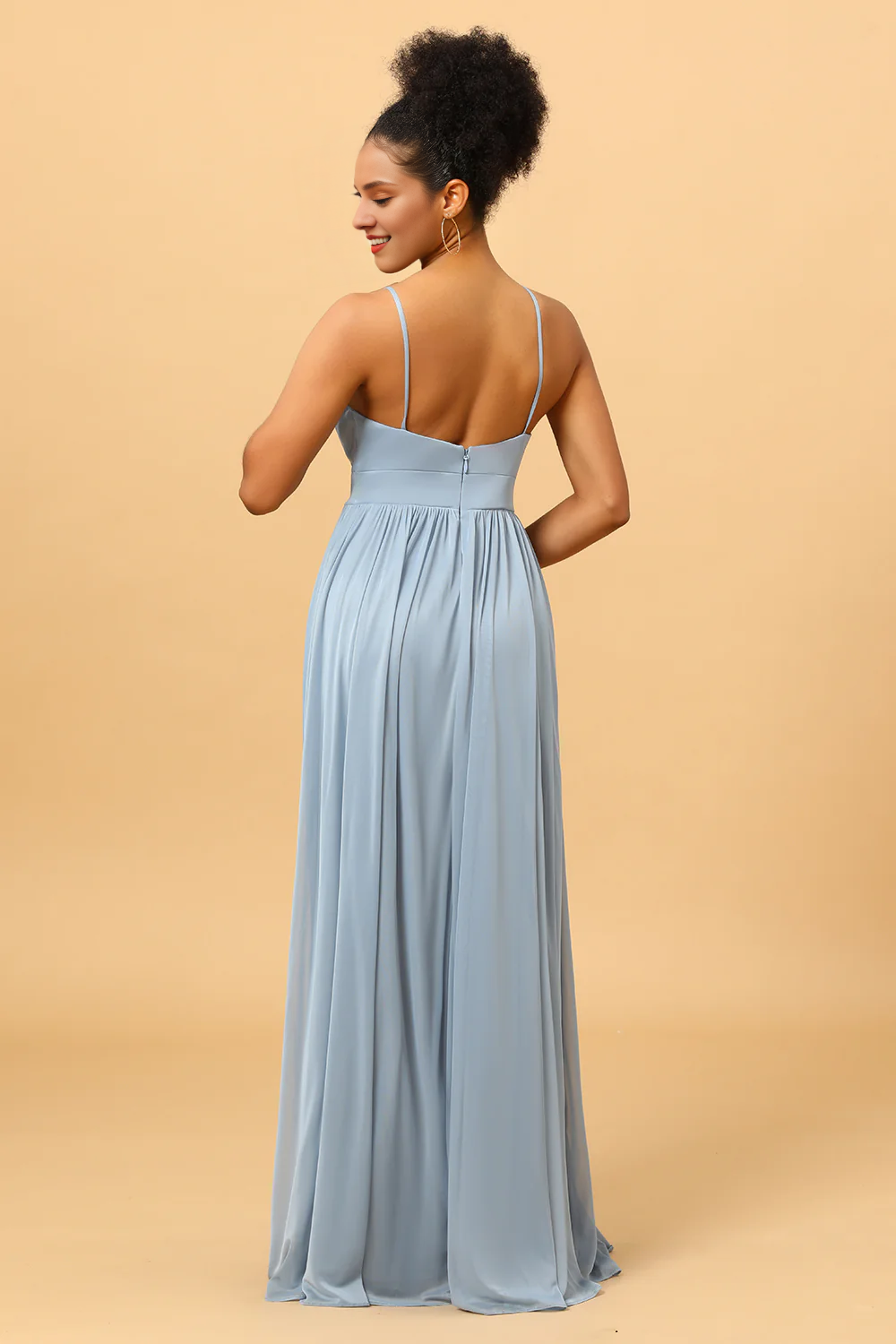 Grey blue pleated chiffon slit bridesmaid dress