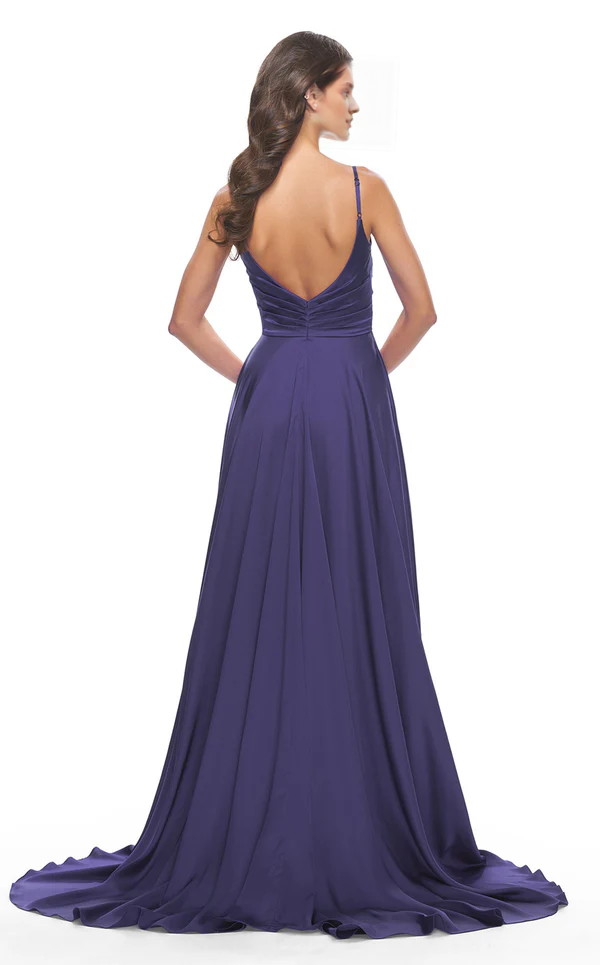 A-line V-neck sheer sleeveless thin shoulder strap with side slits and floor length Prom dress