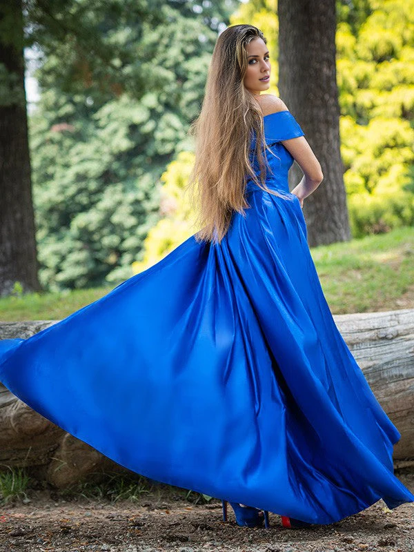 Jimiss A-line/elegant ruffled satin off shoulder sleeveless and floor Prom dress