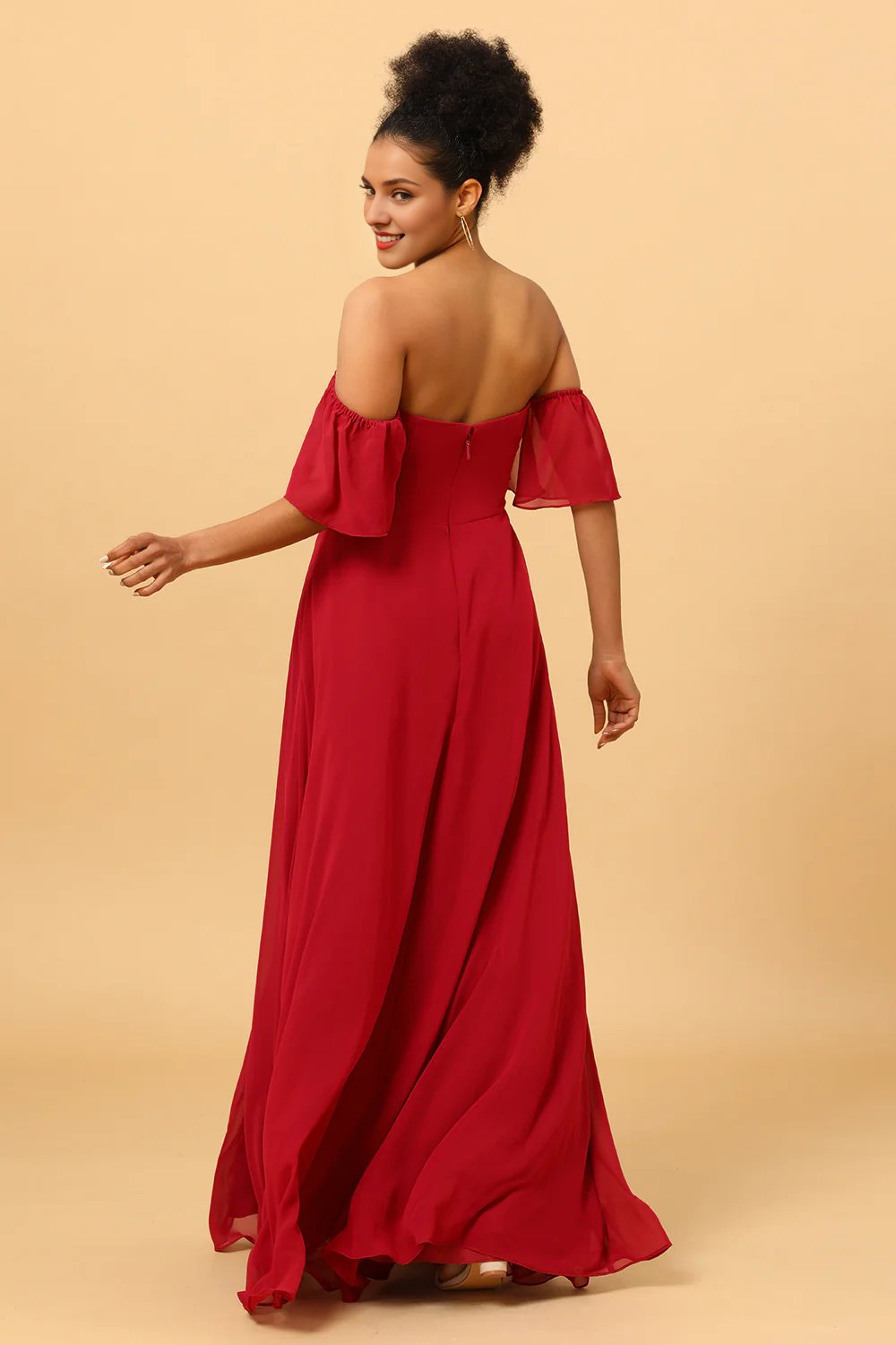 Wine red slit shoulder length chiffon bridesmaid dress