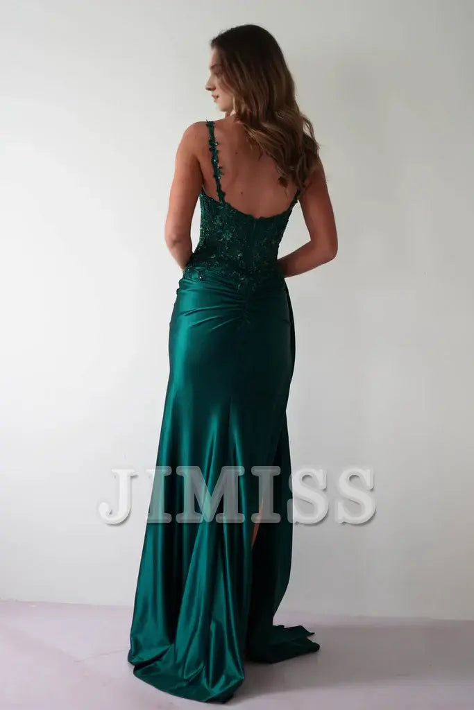 Thin shoulder strap waistband fits snugly satin evening gowns