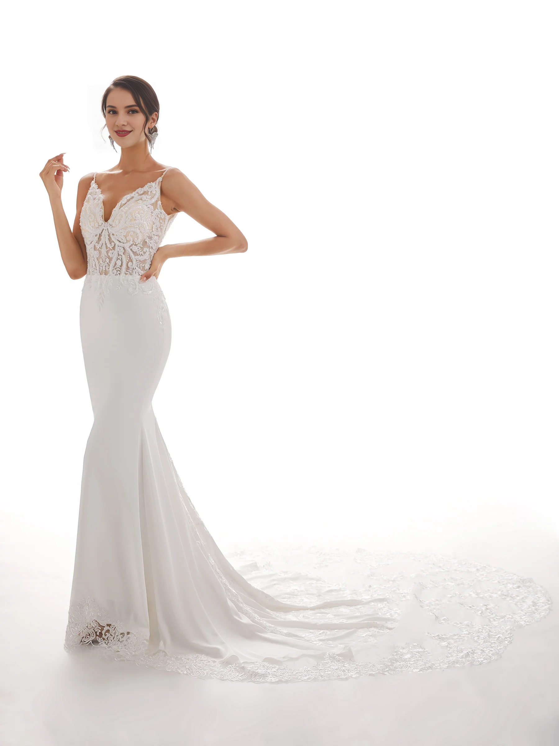 Thin shoulder strap fish tail ivory backless lace wedding dress