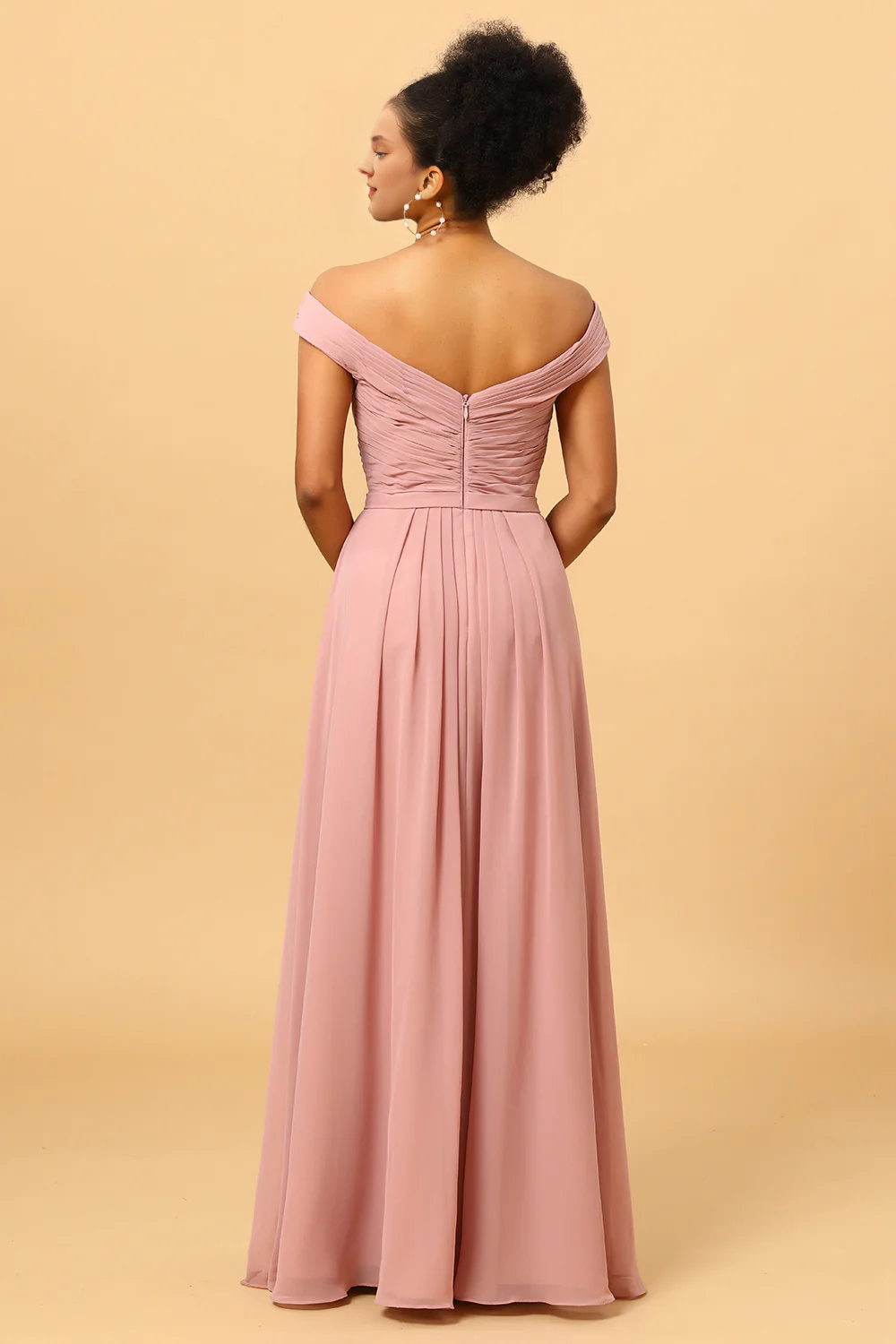 Grey rose pleated long slit chiffon bridesmaid dress