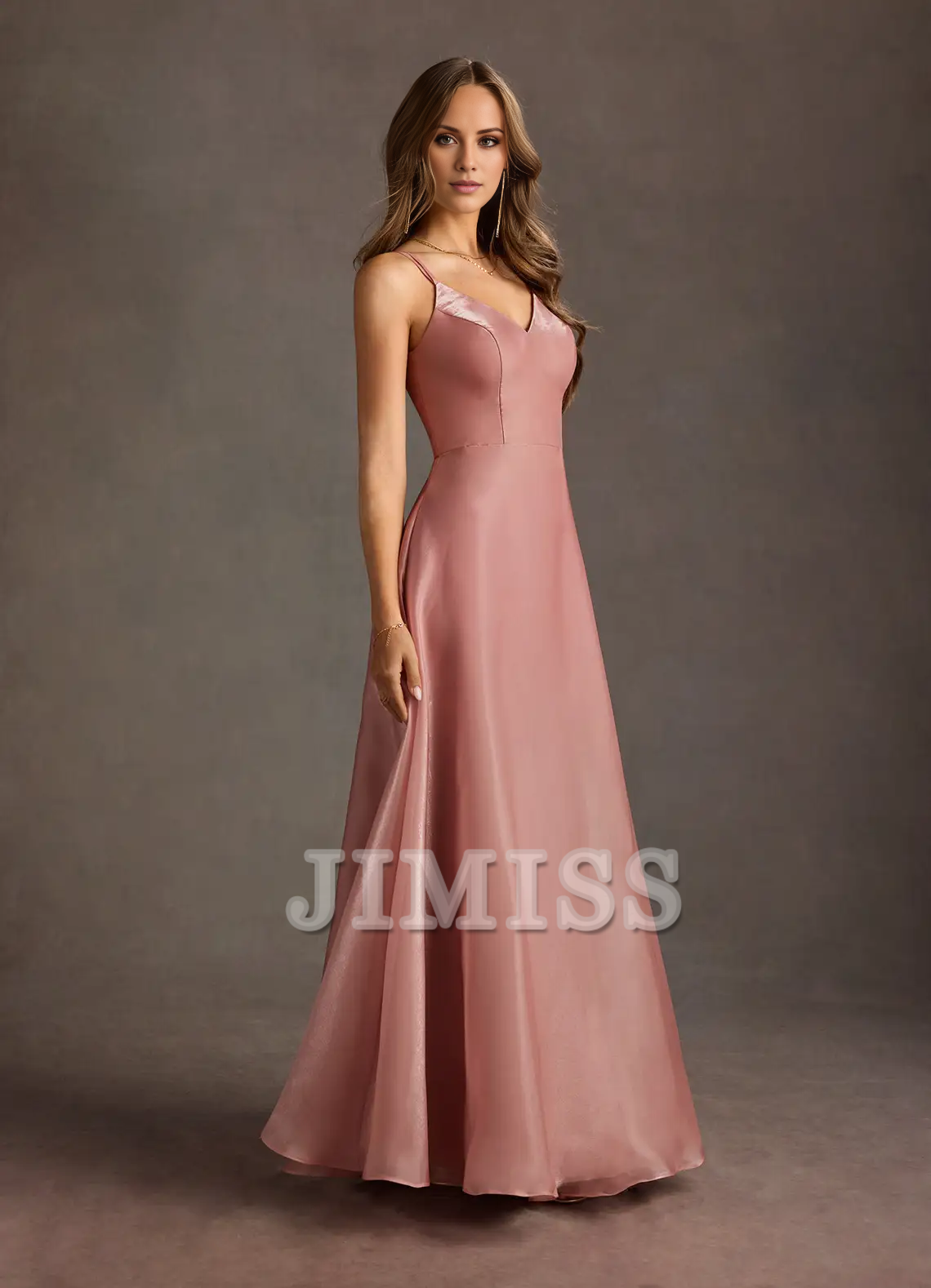V-neck slim shoulder strap satin backless and floor length evening dress