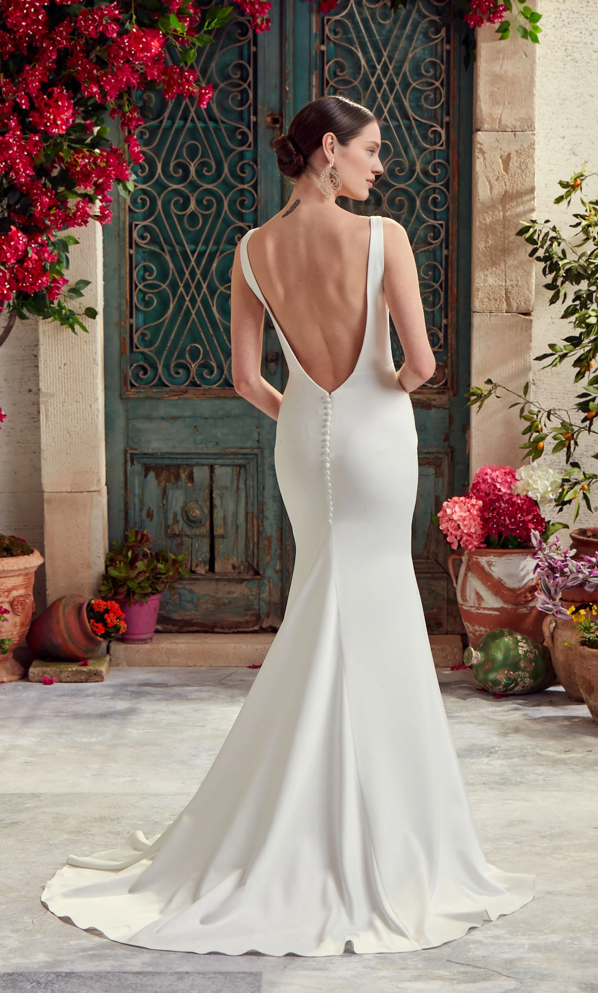 Perfect satin deep V-neck slim fit trumpet shaped backless wedding dresses