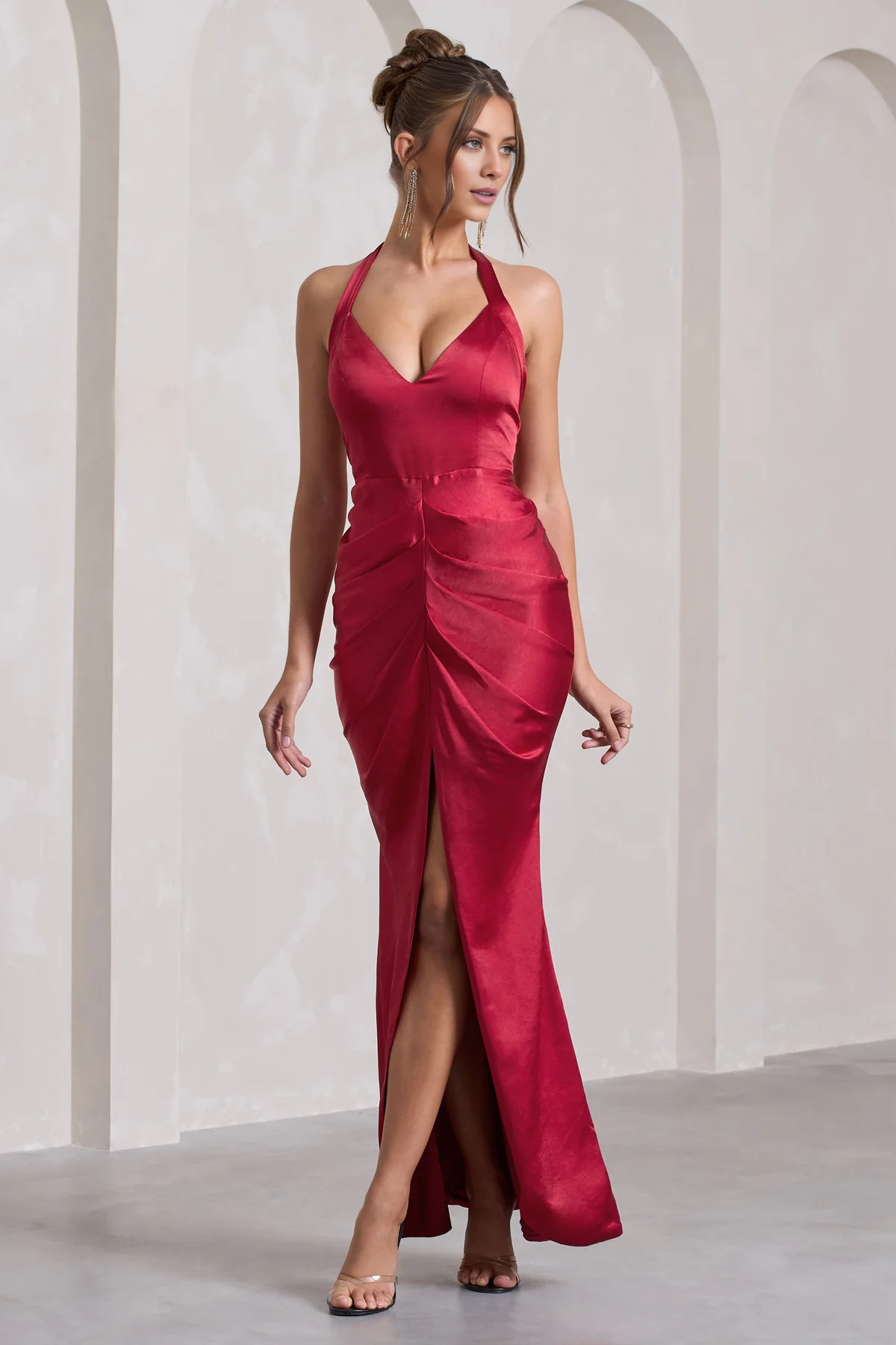 Satin low V hanging neck open back slit and floor length evening dress - jimiss Dress