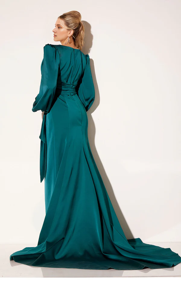 V-neck long sleeved side slit and floor length Prom dress