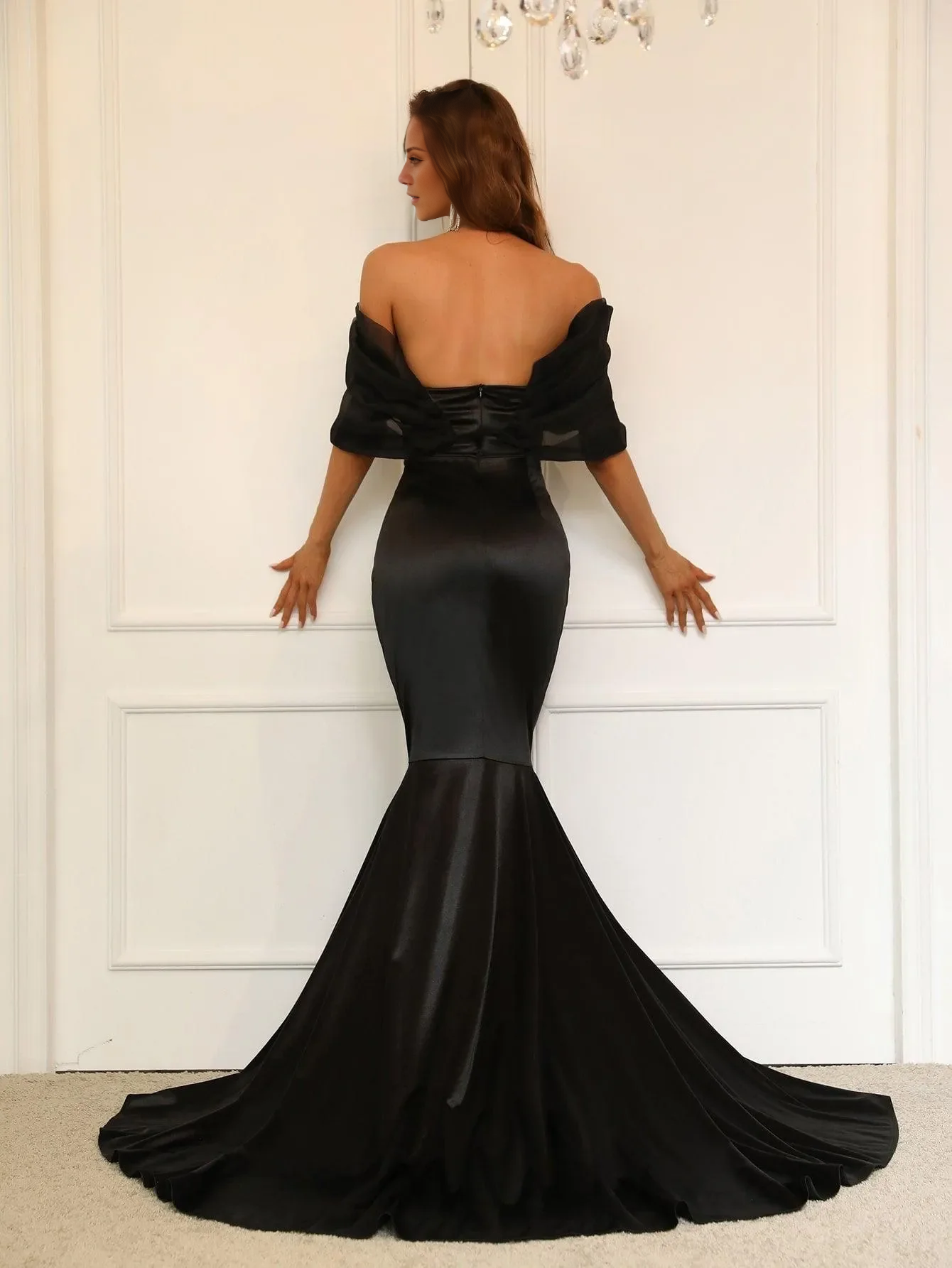 Mermaid off shoulder sleeveless satin and floor length formal dress