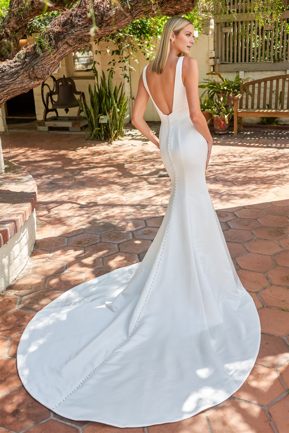 Satin deep V-neck slim fit horn and floor length wedding dress