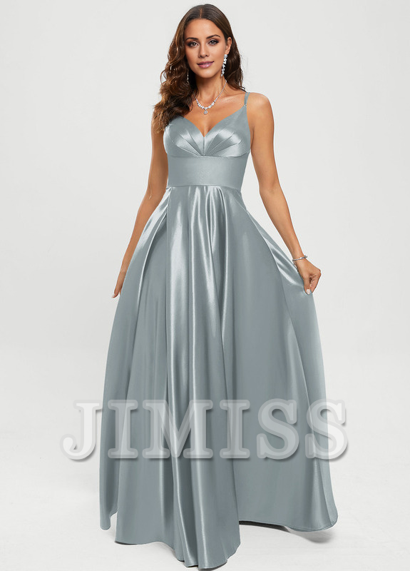 A-line V-neck floor-length satin prom dress