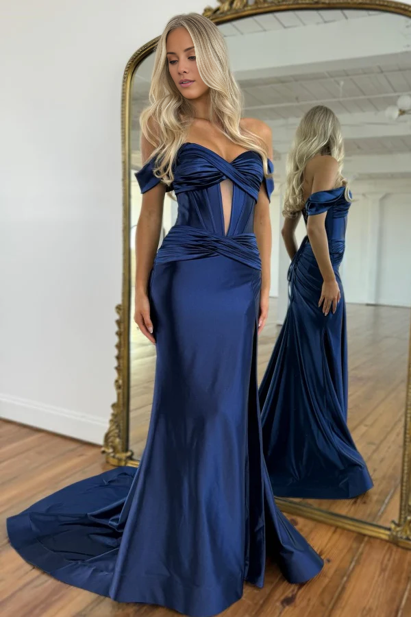 Jimiss off shoulder pleated satin ball gown with high side slit and trailing evening gown