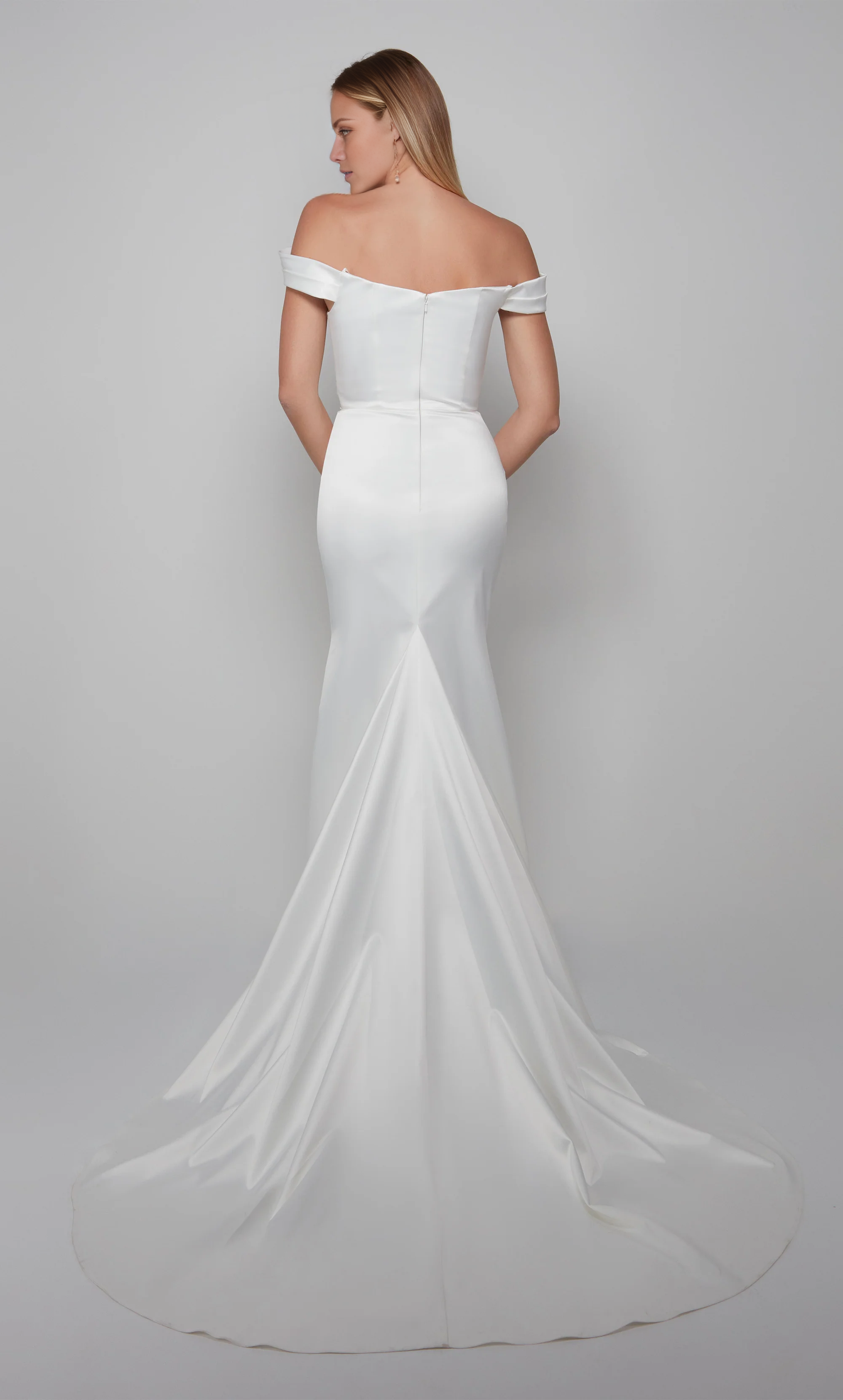 Satin off shoulder straight leg trailing and floor length wedding dresses