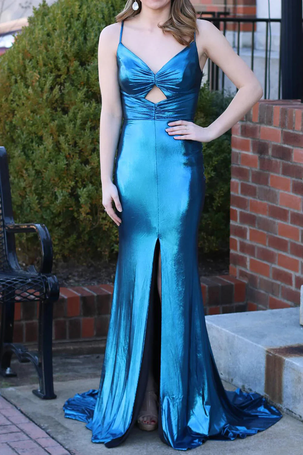 Jimiss deep blue mermaid lock hole shaped back long satin slit Prom dress