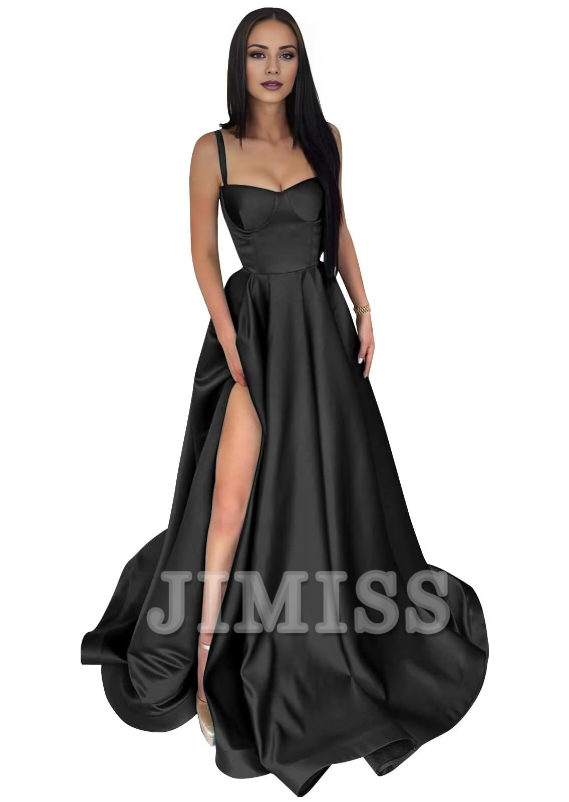 Thin shoulder strap satin ball gown with long A-line slit and pleated formal party evening gown