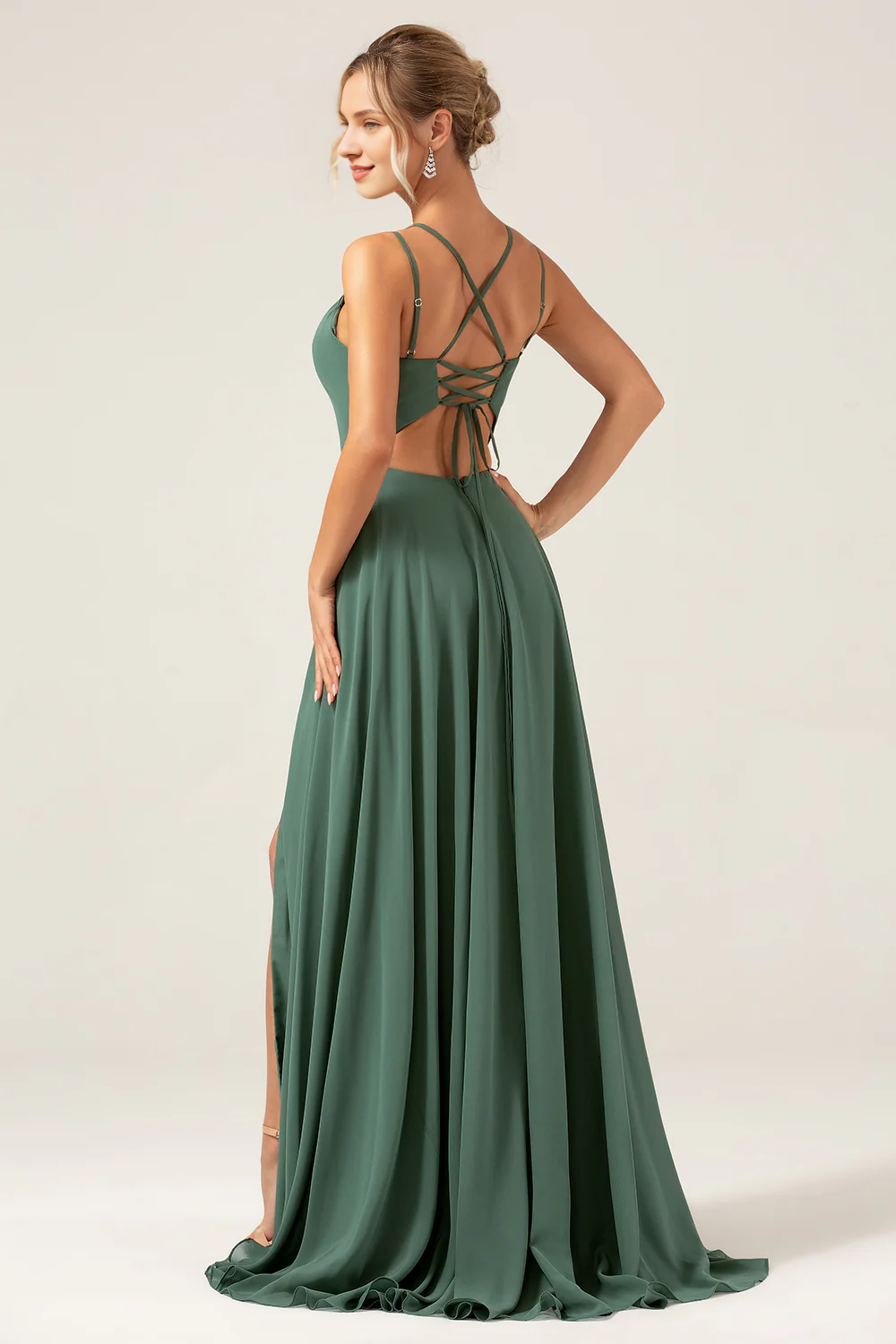 A-line slim shoulder strap slit chiffon eucalyptus bridesmaid dress