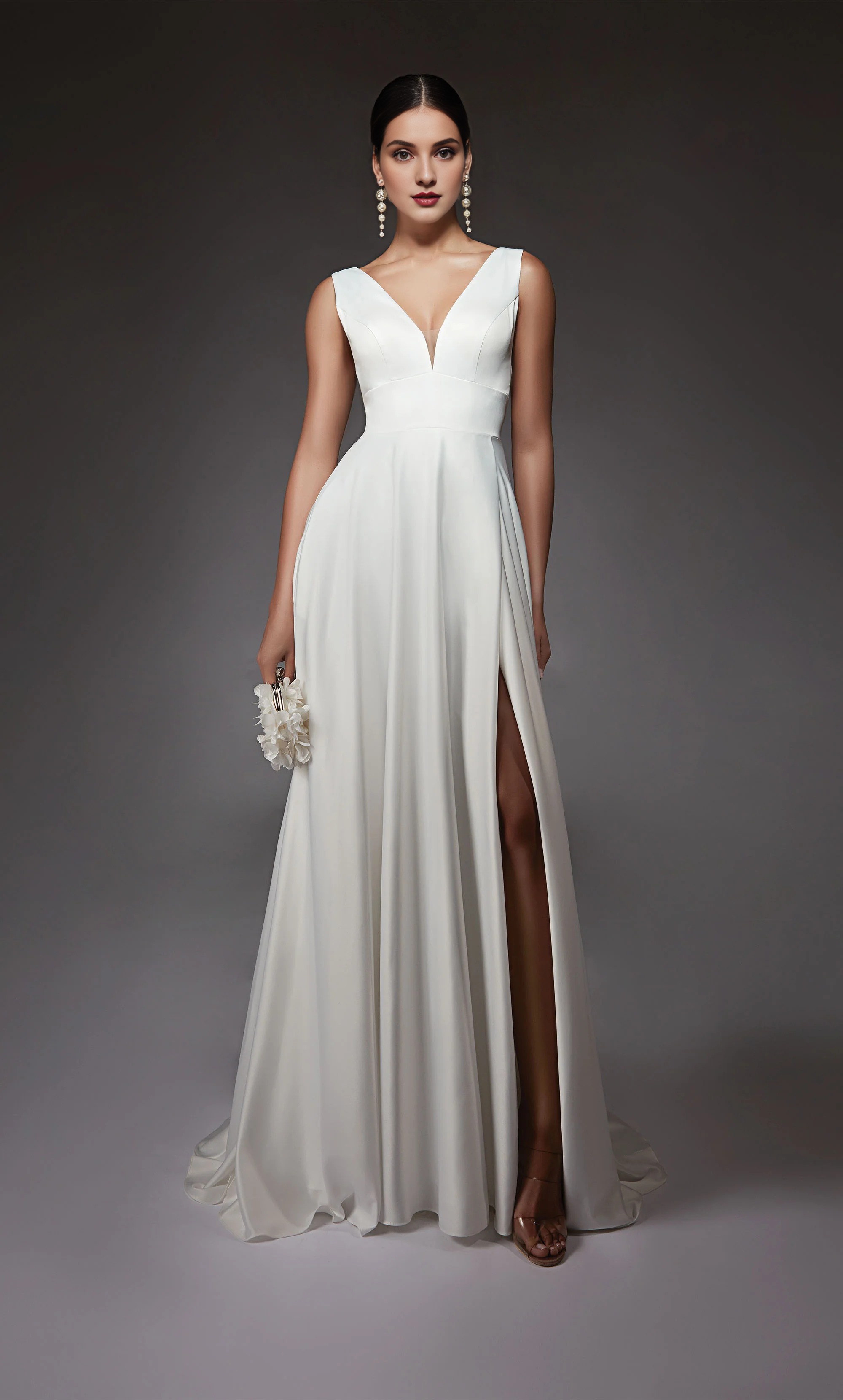 Perfect satin V-neck A-line V-shaped back satin button wedding dresses