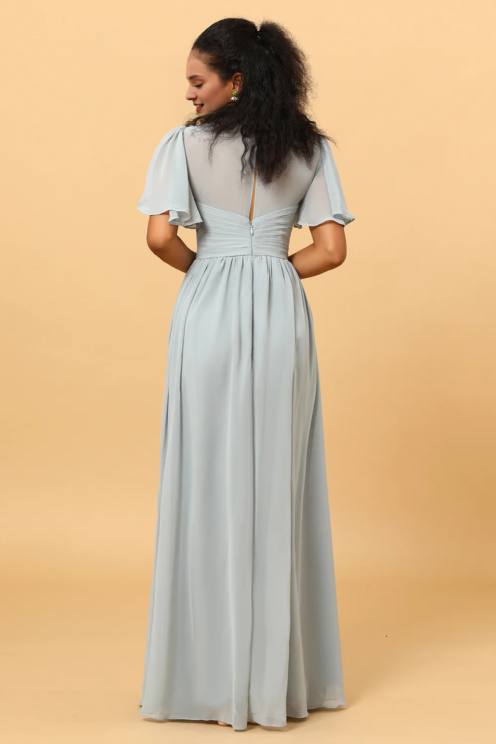 Grey blue A-line V-neck short sleeved chiffon bridesmaid dress